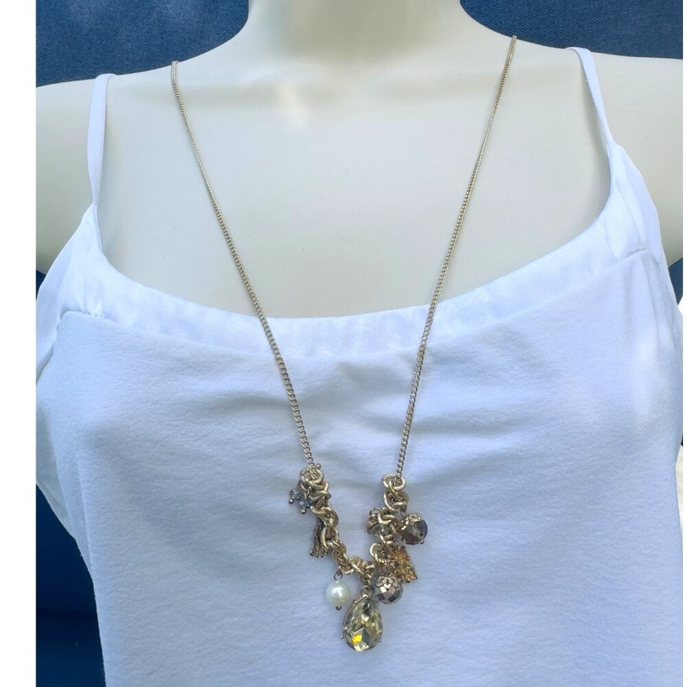 Vintage Gold Charmed Necklace With Crystals,  Faux Pearls and Tassel 30” Long